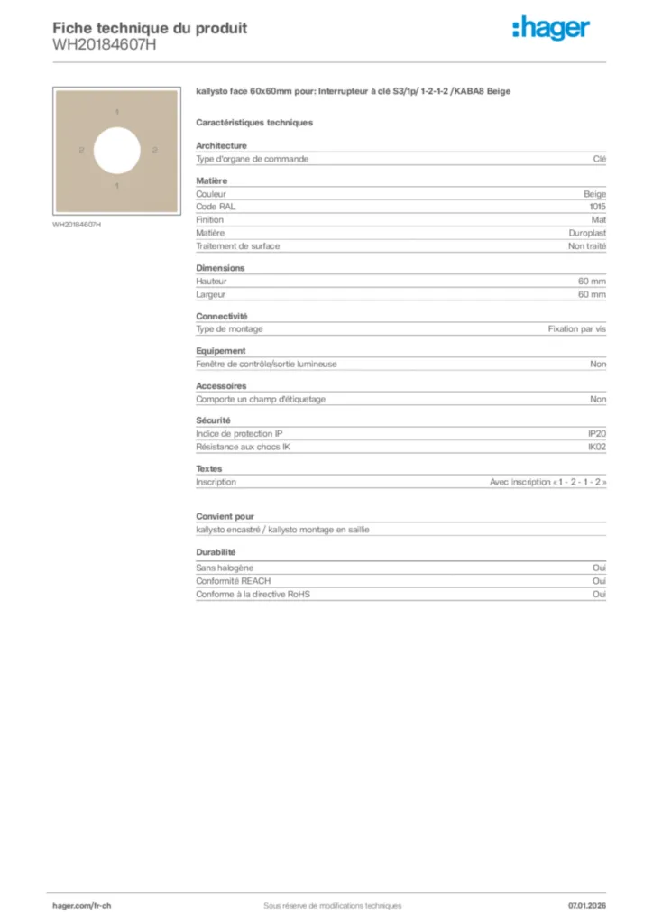 Image Hager Fiche technique du produit WH20184607H | Hager Suisse