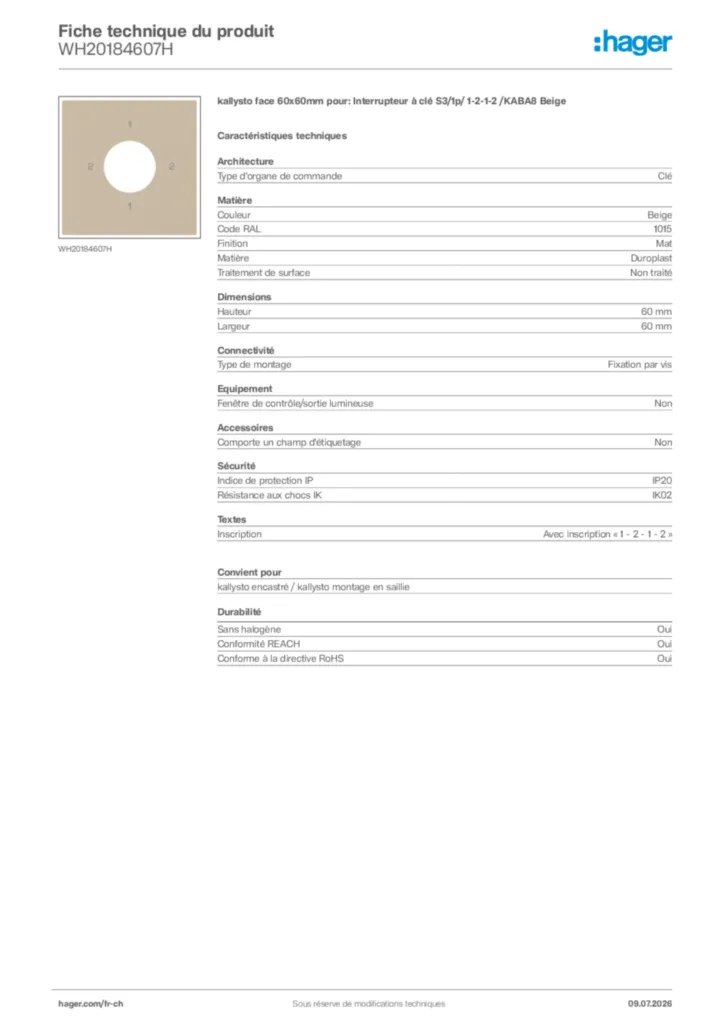Image Hager Fiche technique du produit WH20184607H | Hager Suisse
