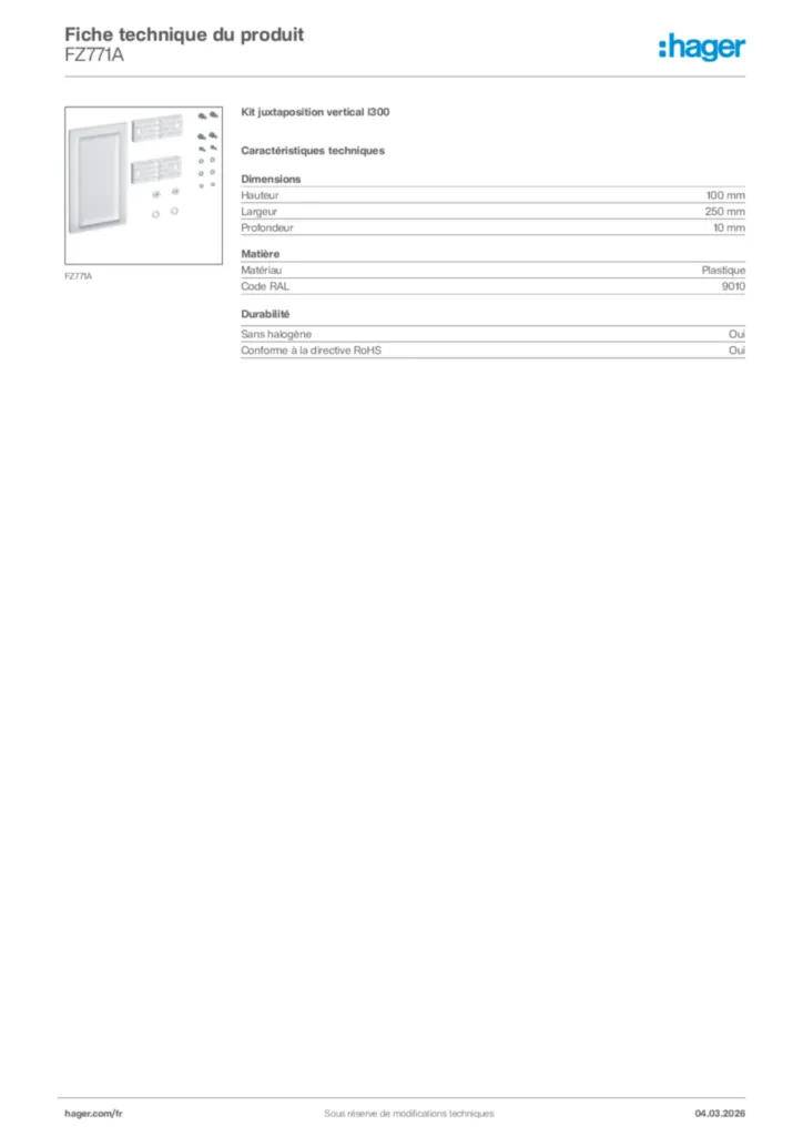 Image Hager Fiche technique du produit FZ771A | Hager France