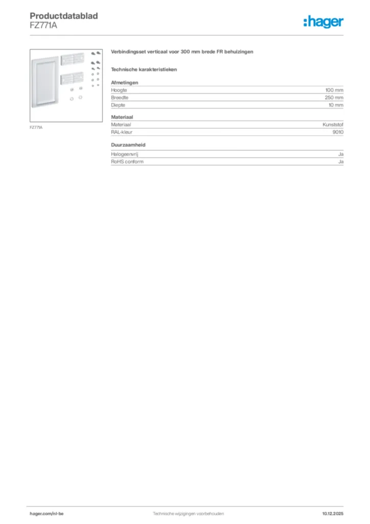 Afbeelding Hager Productdatablad FZ771A | Hager Belgium