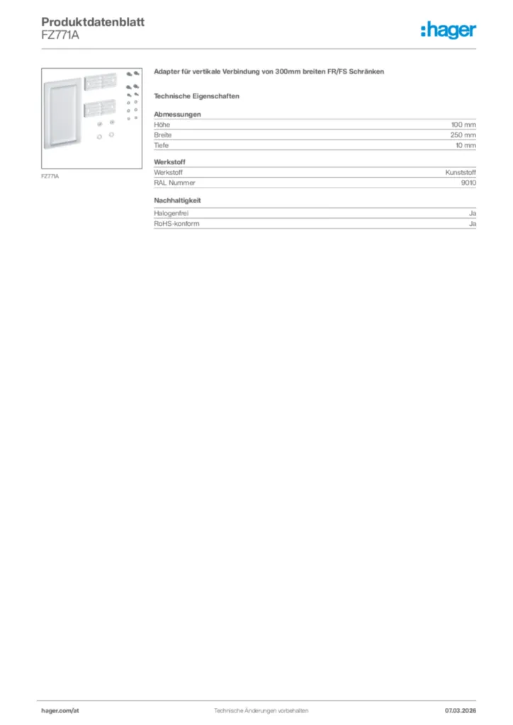 Bild Hager Produktdatenblatt FZ771A | Hager Deutschland