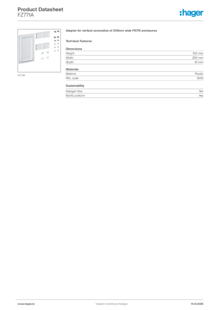 Image Hager Product data sheet FZ771A  | Hager