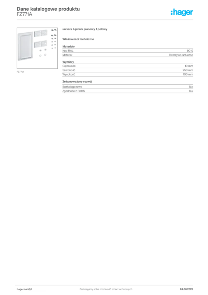 Zdjęcie Hager Dane katalogowe produktu FZ771A | Hager Polska