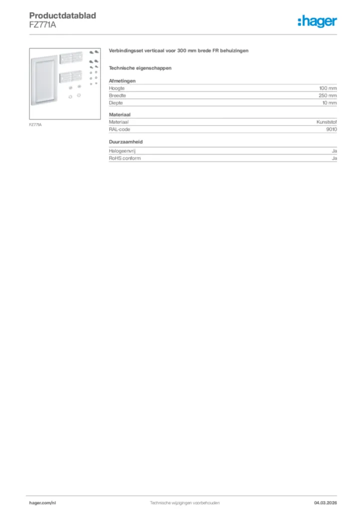 Afbeelding Hager Productdatablad FZ771A | Hager Nederland