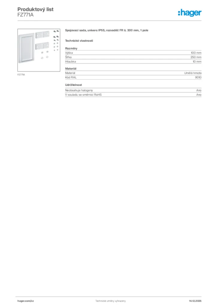 Obrázek Hager Produktový list FZ771A | Hager