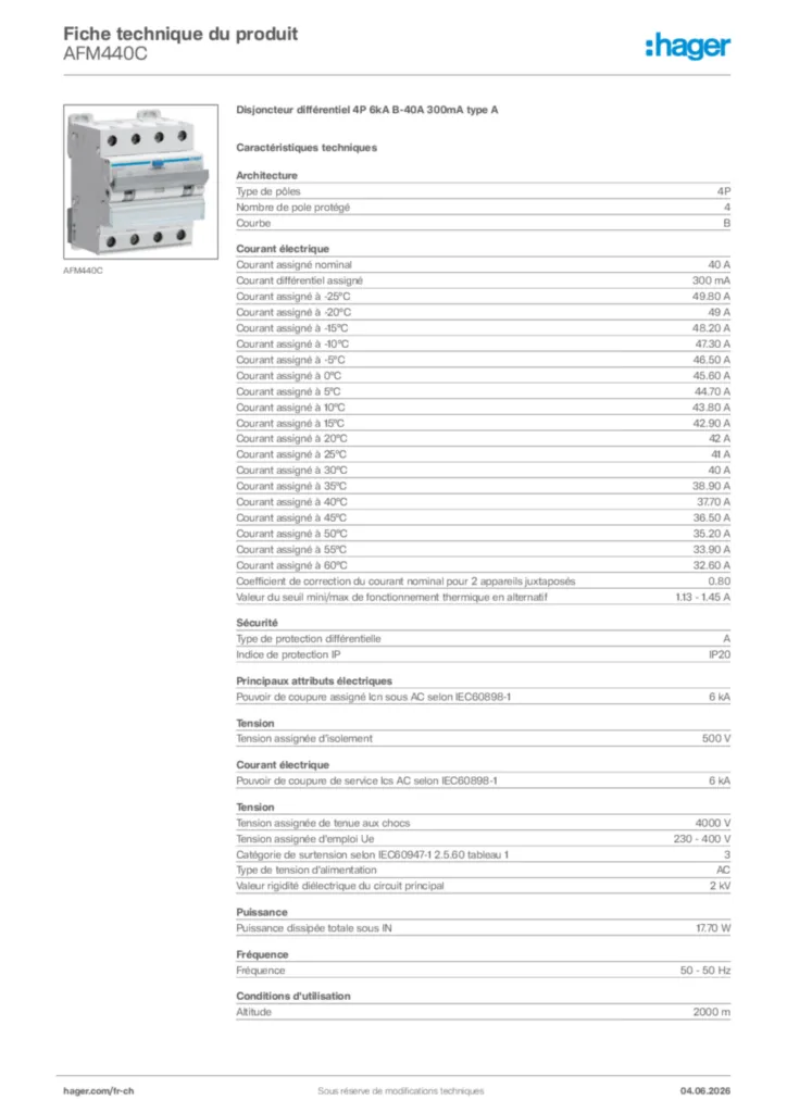 Image Hager Fiche technique du produit AFM440C | Hager Suisse