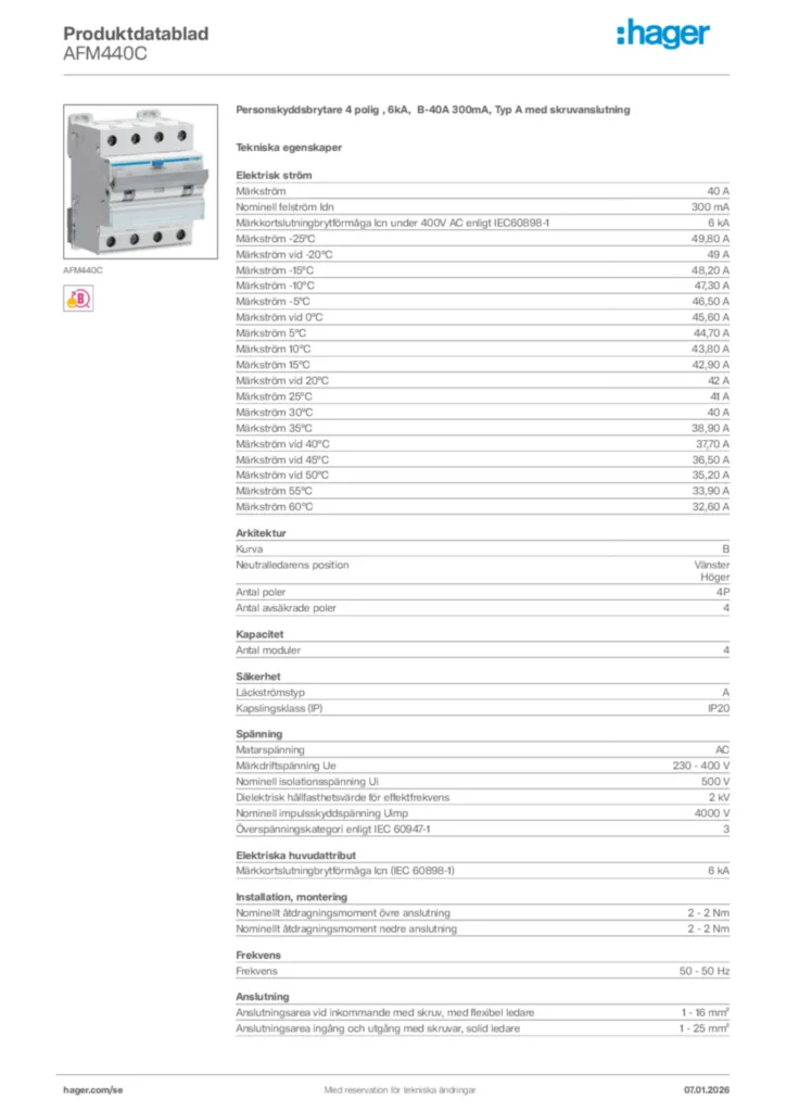 Bild Hager Produktdatablad AFM440C | Hager Sverige