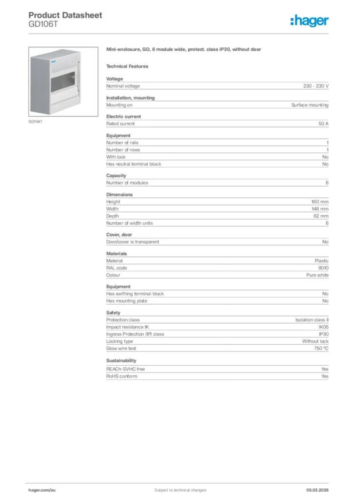 Image Hager Product data sheet GD106T  | Hager Australia