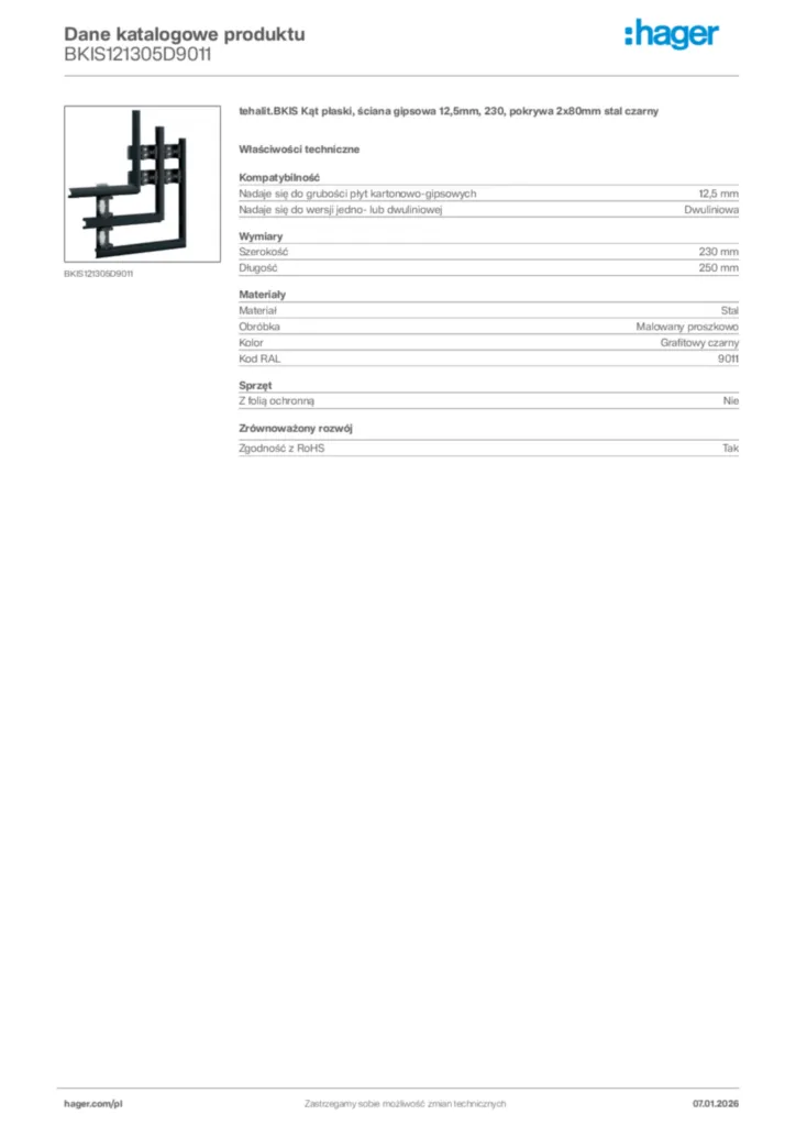 Zdjęcie Hager Karta katalogowa BKIS121305D9011 | Hager Polska