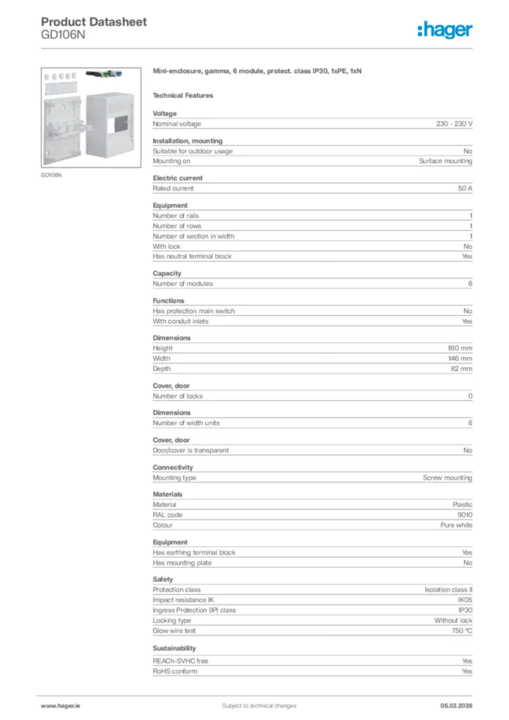 Image Hager Product data sheet GD106N  | Hager