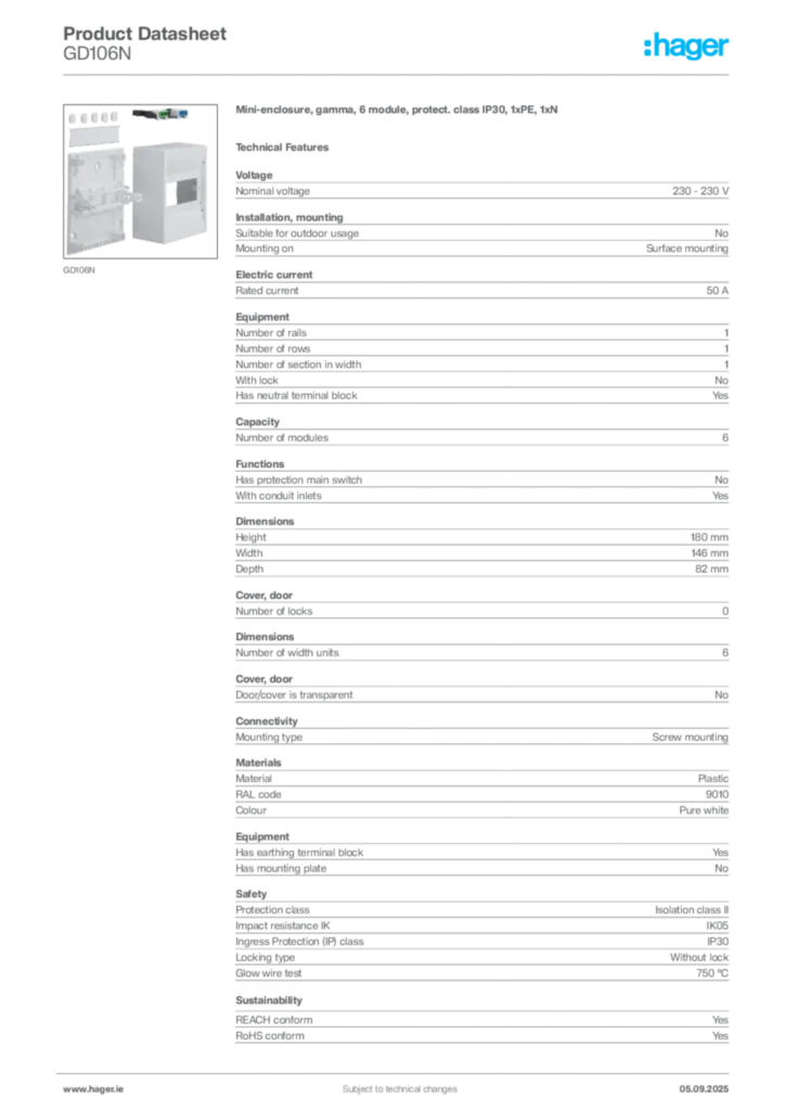 Image Hager Product data sheet GD106N  | Hager