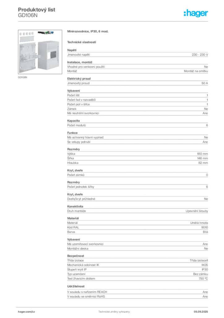 Obrázek Hager Produktový list GD106N | Hager