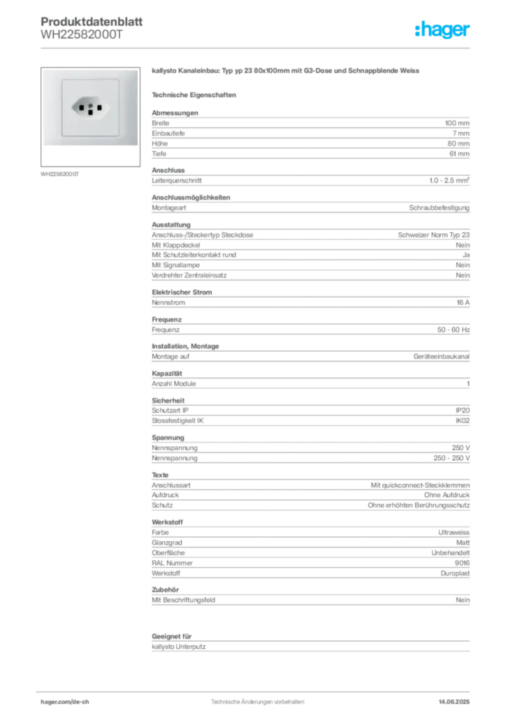 Bild Hager Produktdatenblatt WH22582000T | Hager Schweiz