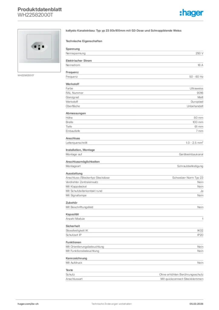 Bild Hager Produktdatenblatt WH22582000T | Hager Schweiz