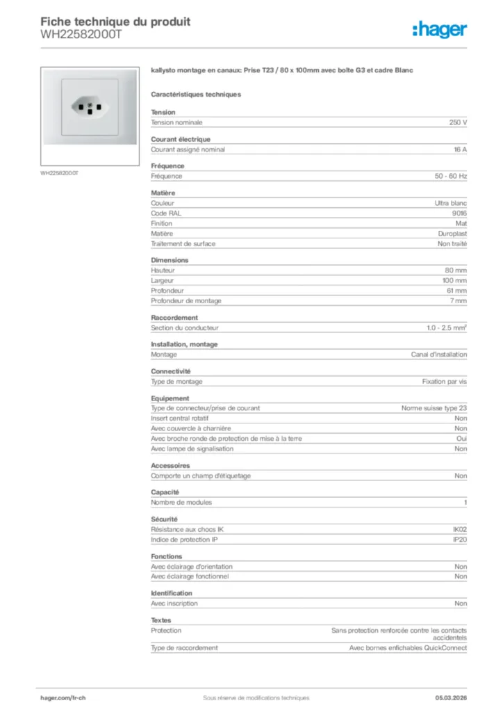 Image Hager Fiche technique du produit WH22582000T | Hager Suisse
