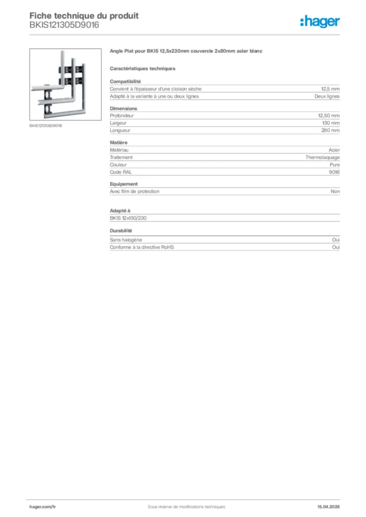 Image Hager Fiche technique du produit BKIS121305D9016 | Hager France