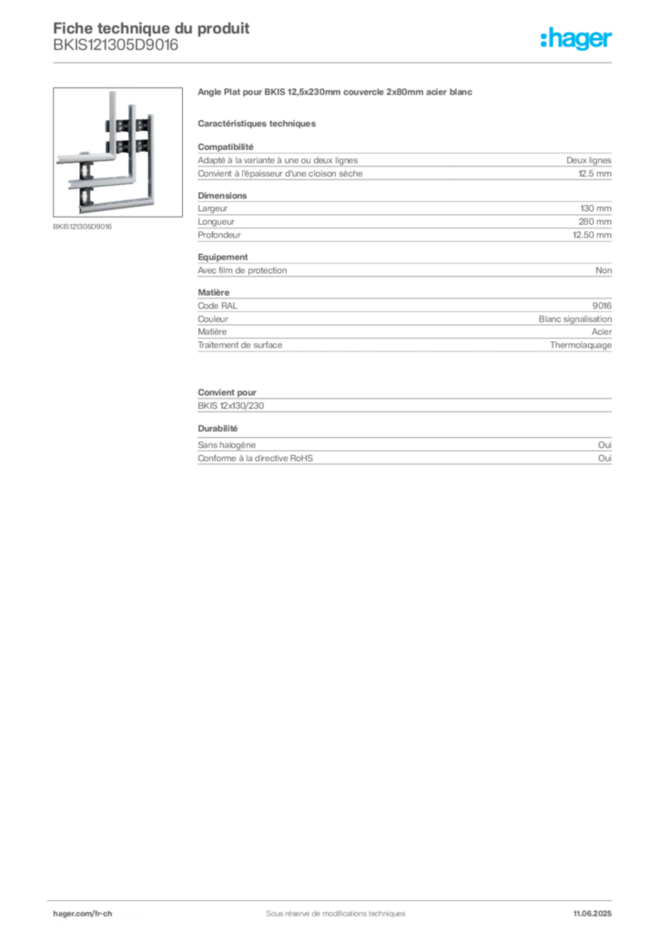 Image Hager Fiche technique du produit BKIS121305D9016 | Hager Suisse