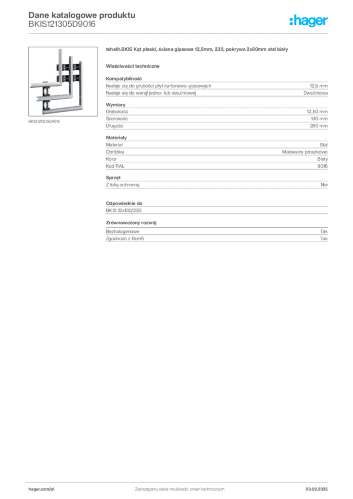 Zdjęcie Hager Dane katalogowe produktu BKIS121305D9016 | Hager Polska