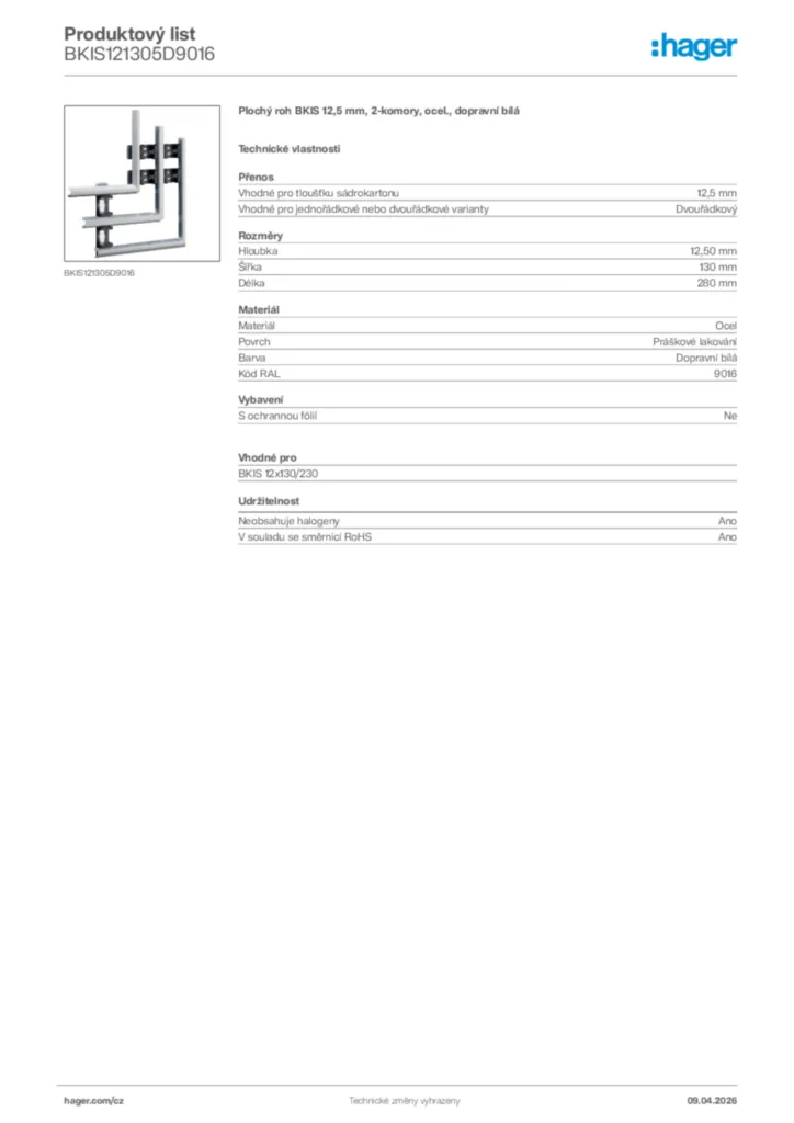 Obrázek Hager Product data sheet BKIS121305D9016 | Hager