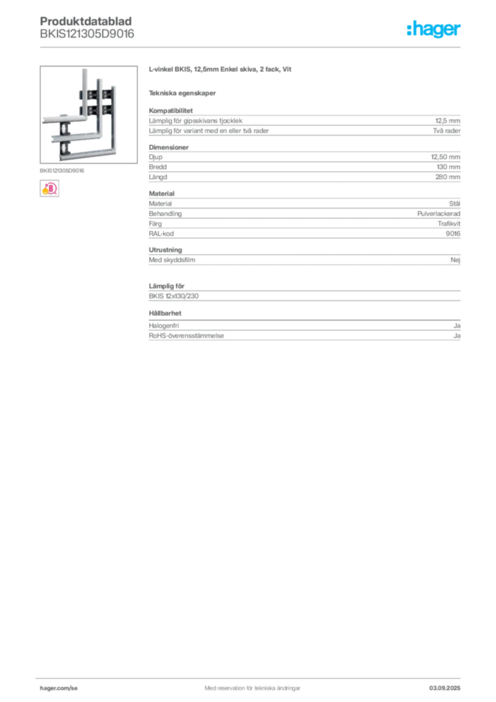Bild Hager Produktdatablad BKIS121305D9016 | Hager Sverige