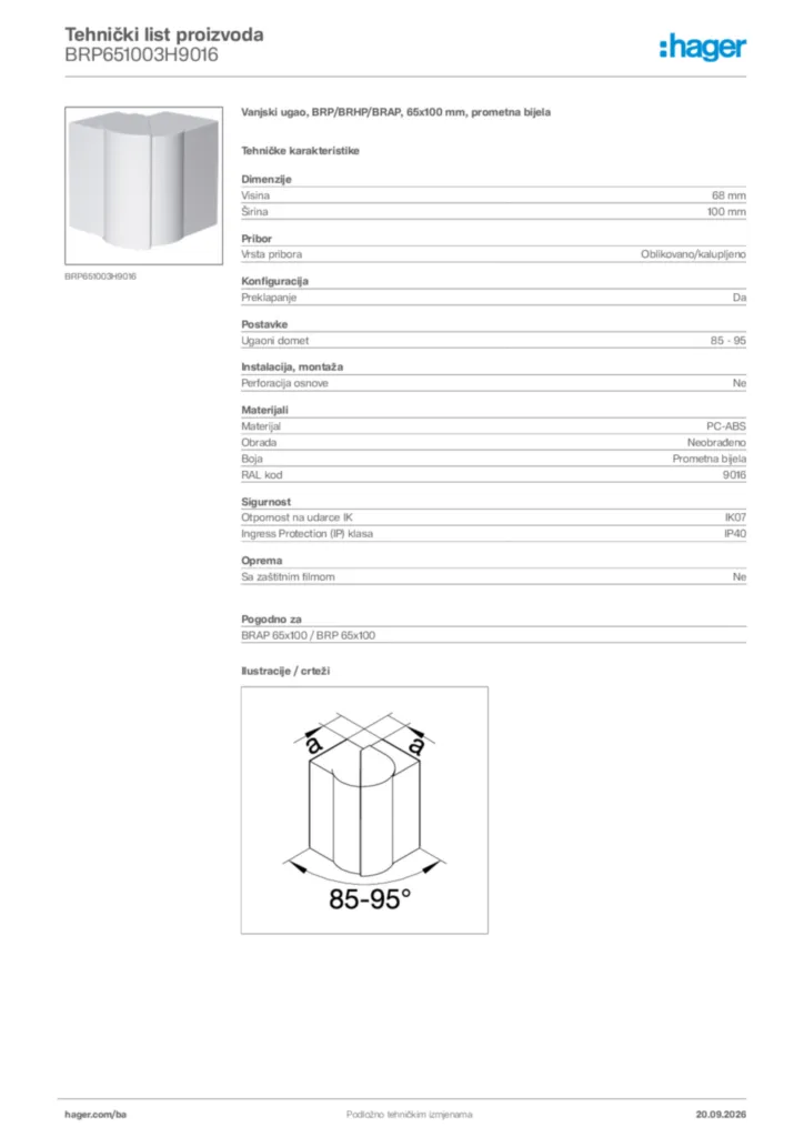 Slika Hager Tehnički list proizvoda BRP651003H9016  | Hager