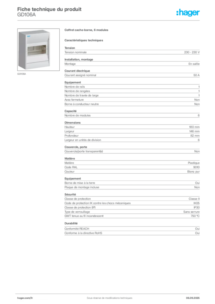 Image Hager Fiche technique du produit GD106A | Hager France