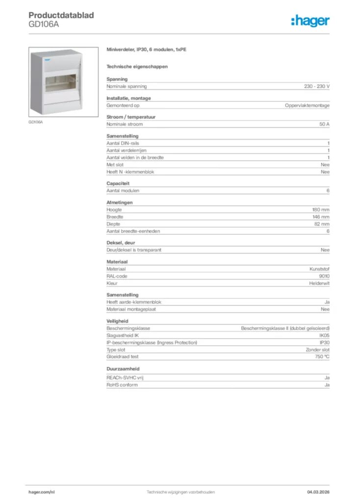 Afbeelding Hager Productdatablad GD106A | Hager Nederland
