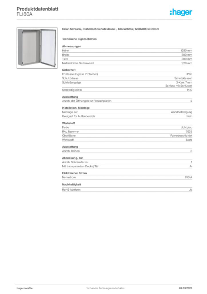 Hager Produktdatenblatt FL180A