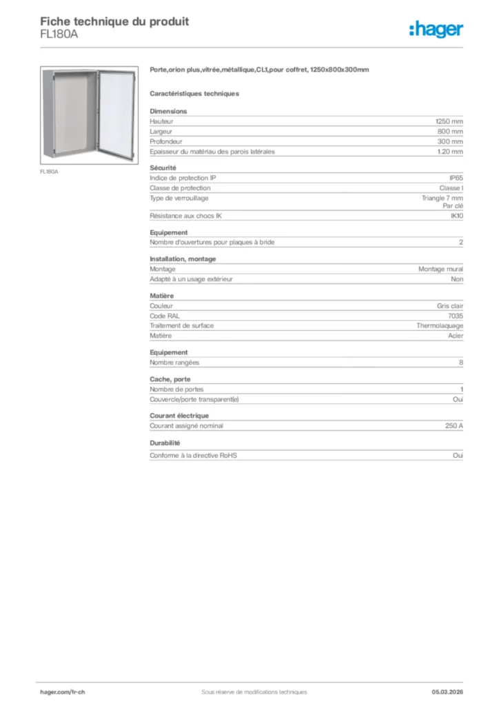 Image Hager Fiche technique du produit FL180A | Hager Suisse