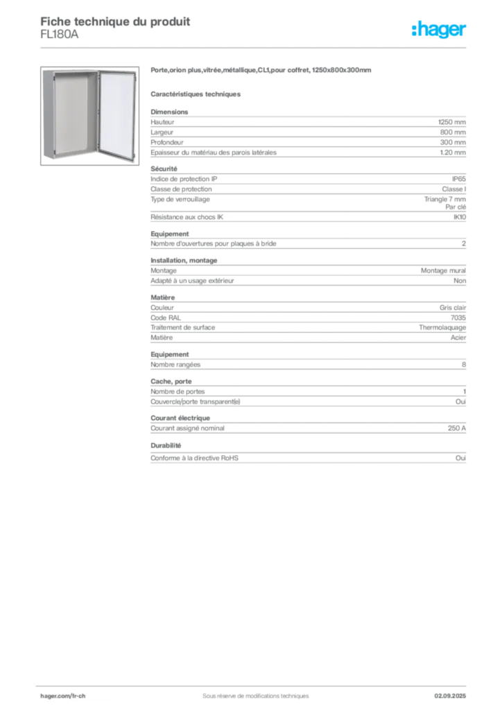 Image Hager Fiche technique du produit FL180A | Hager Suisse