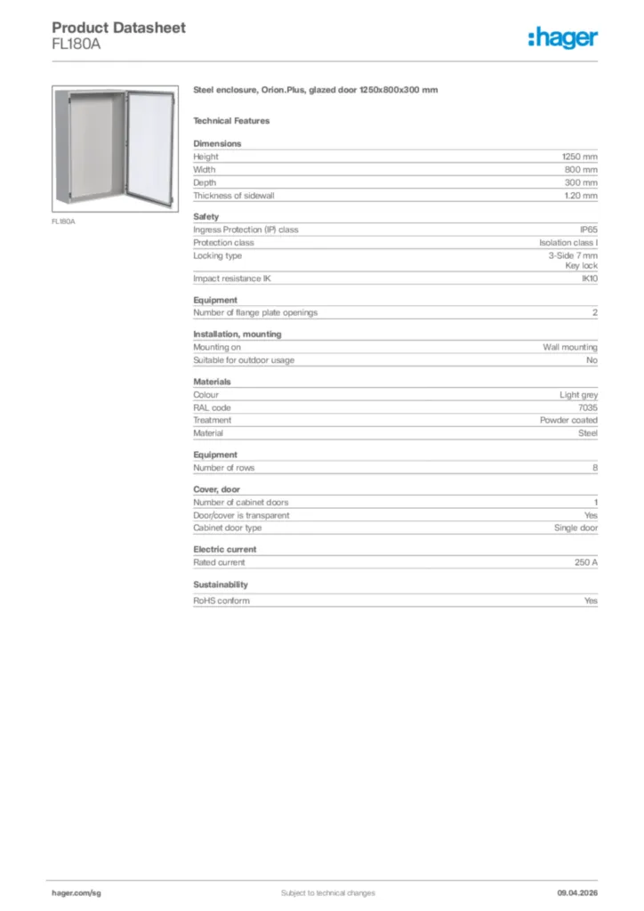Image Hager Product data sheet FL180A  | Hager