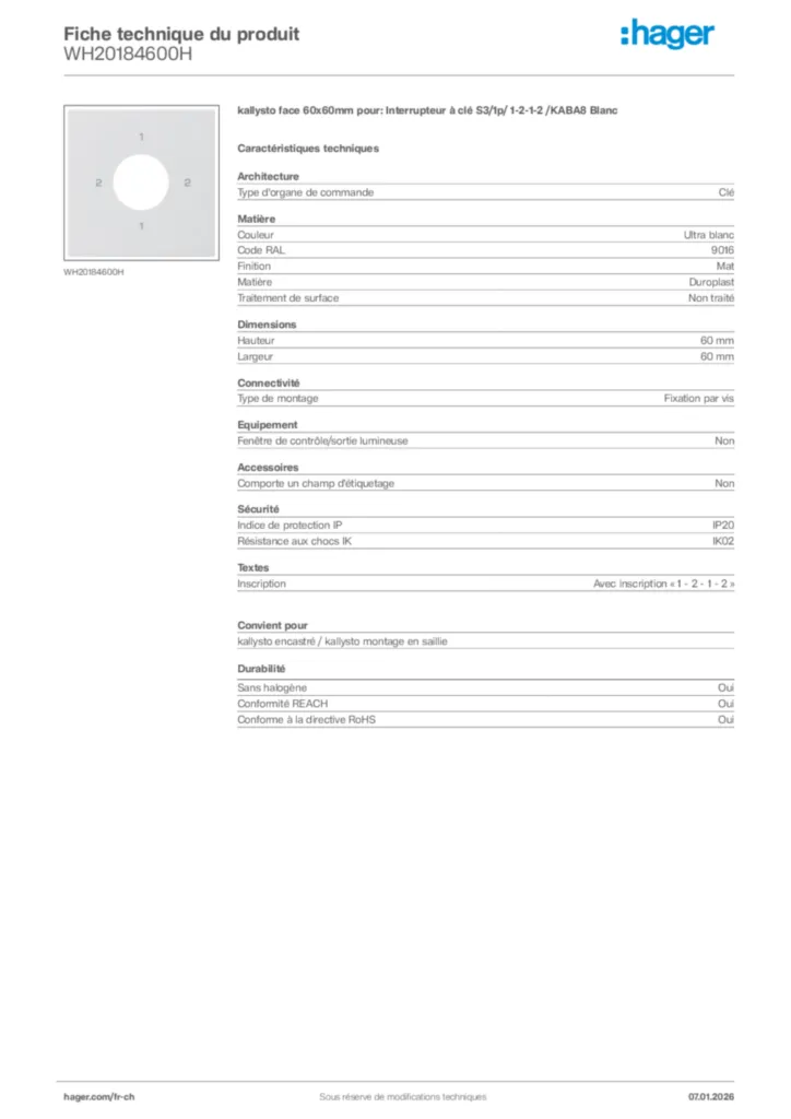 Image Hager Fiche technique du produit WH20184600H | Hager Suisse