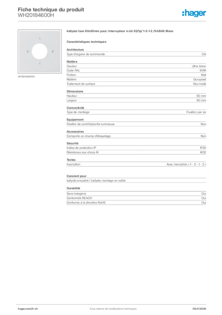 Image Hager Fiche technique du produit WH20184600H | Hager Suisse