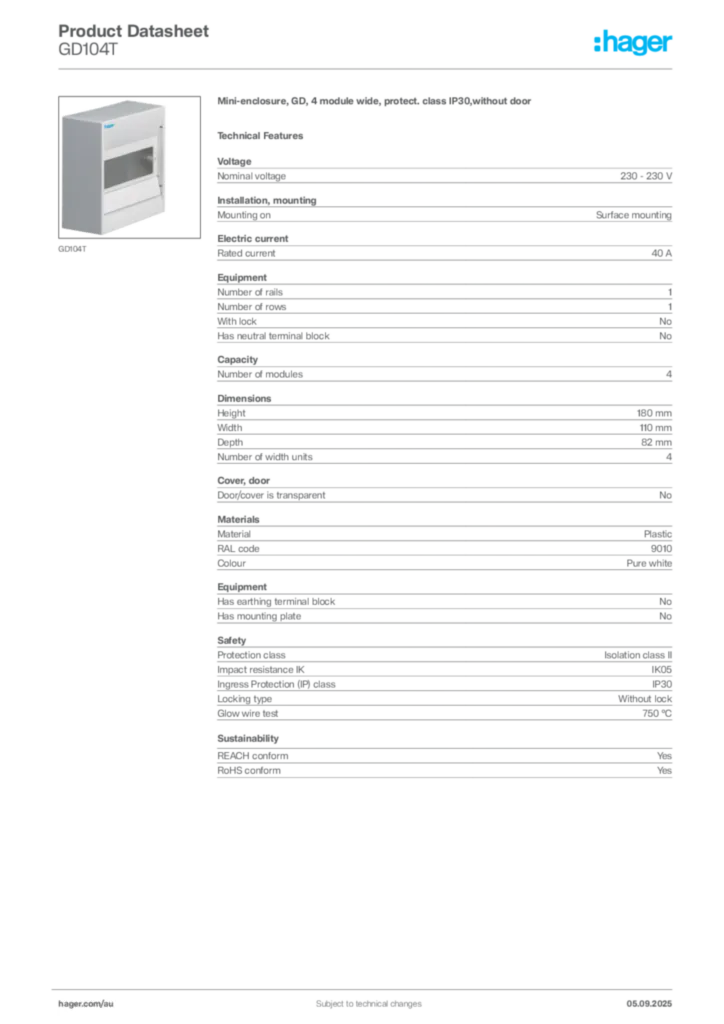 Image Hager Product data sheet GD104T  | Hager Australia
