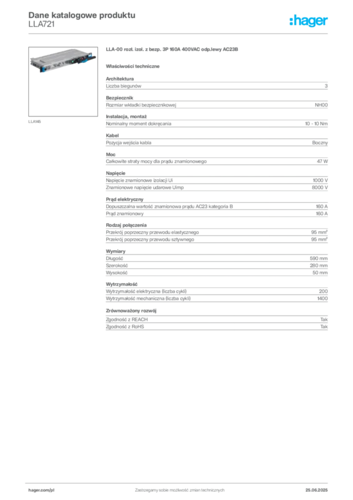 Zdjęcie Hager Dane katalogowe produktu LLA721 | Hager Polska