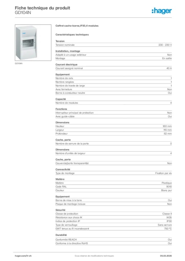 Image Hager Fiche technique du produit GD104N | Hager Suisse