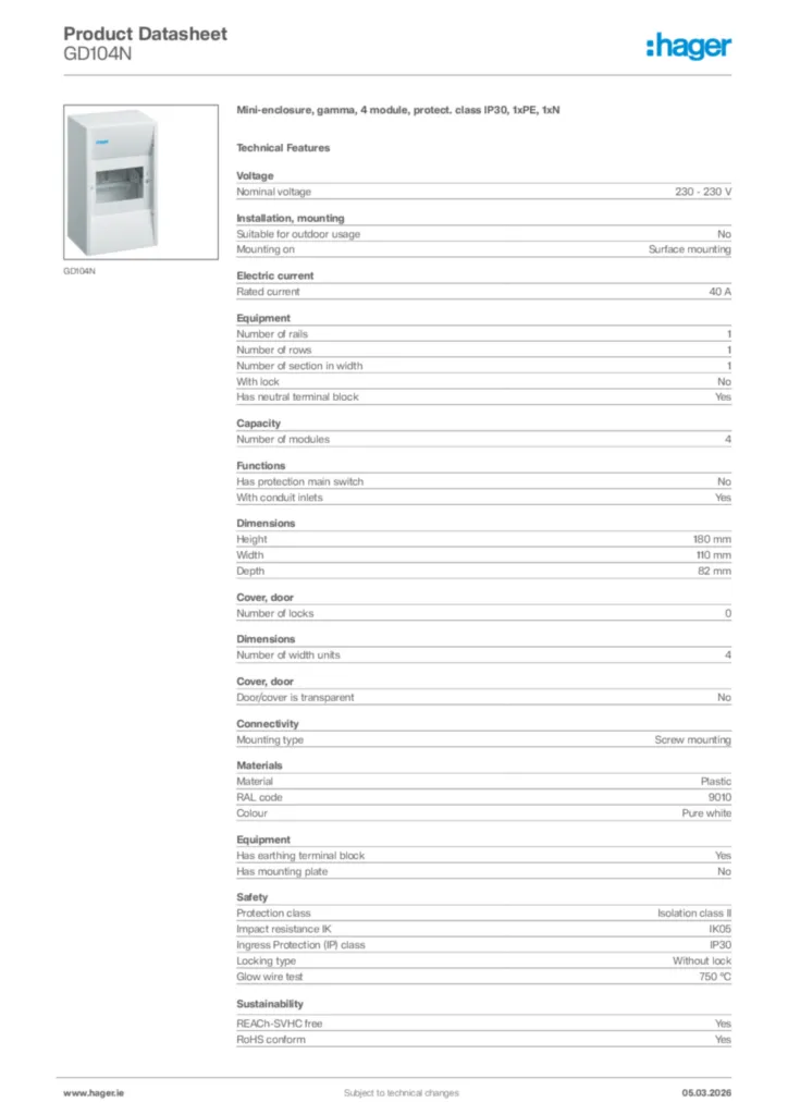 Image Hager Product data sheet GD104N  | Hager