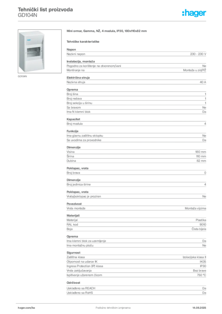 Slika Hager Product data sheet GD104N  | Hager
