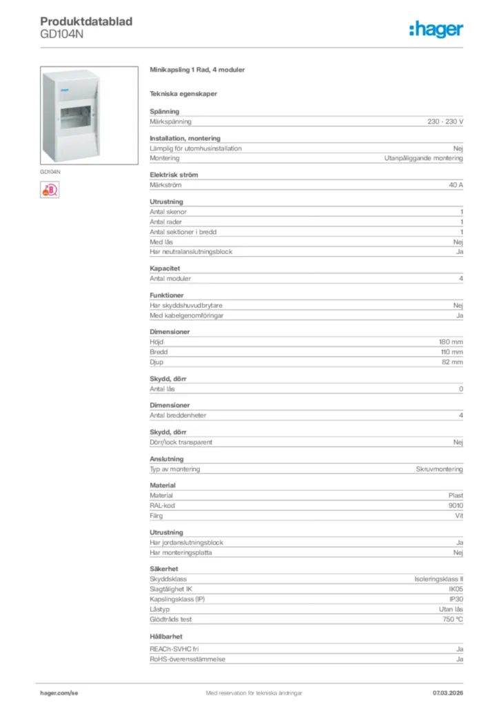 Bild Hager Produktdatablad GD104N | Hager Sverige