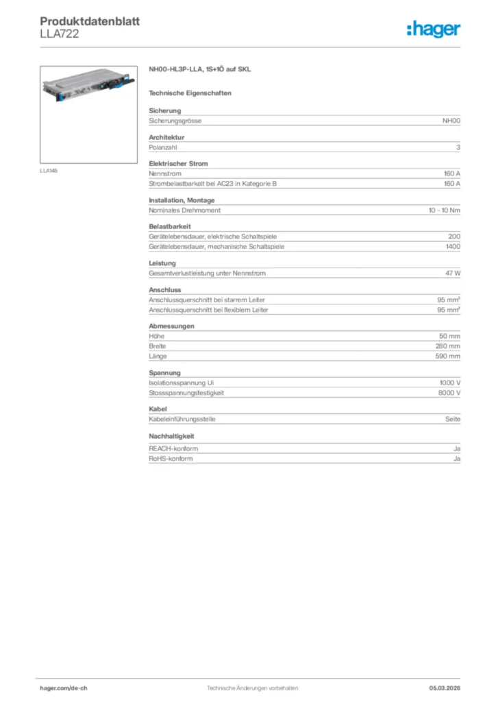 Bild Hager Produktdatenblatt LLA722 | Hager Schweiz