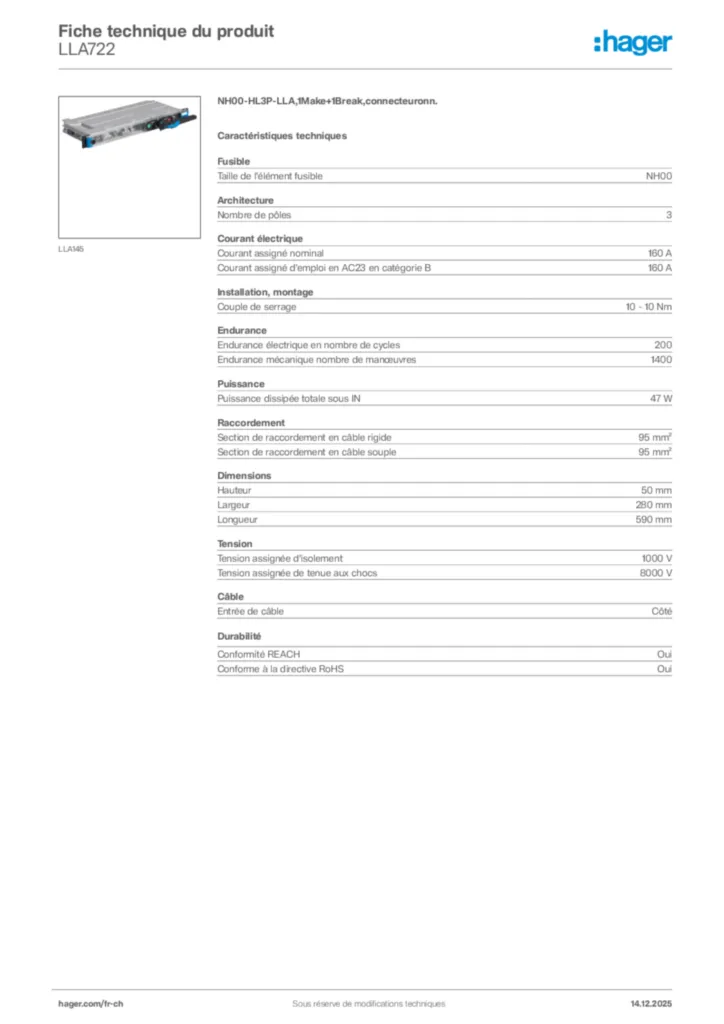 Image Hager Fiche technique du produit LLA722 | Hager Suisse
