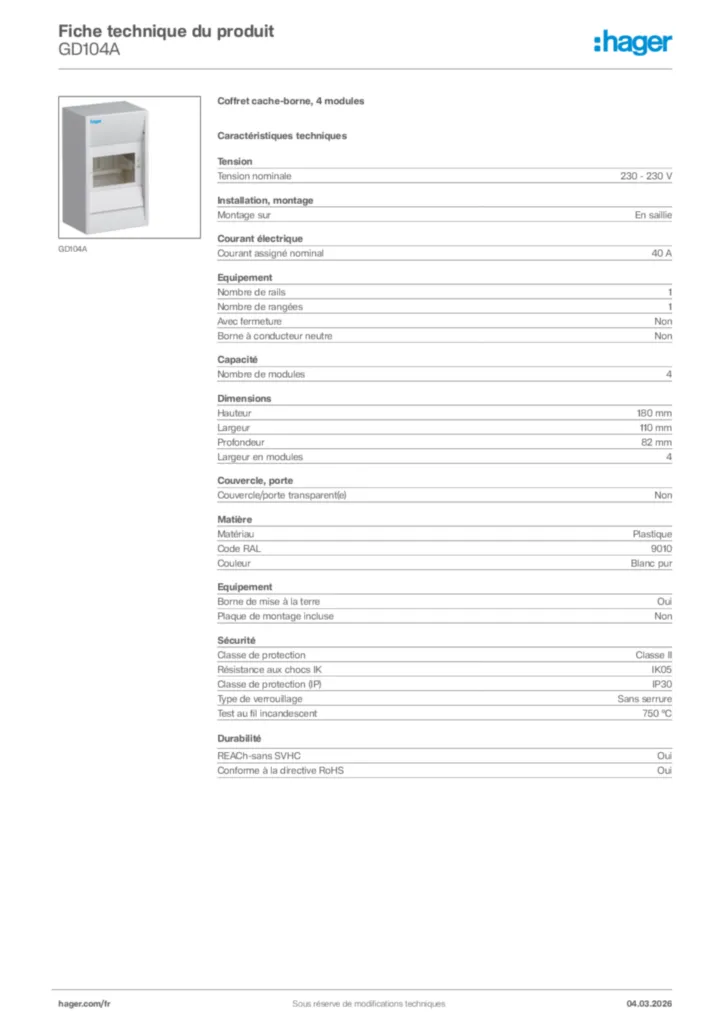 Image Hager Fiche technique du produit GD104A | Hager France