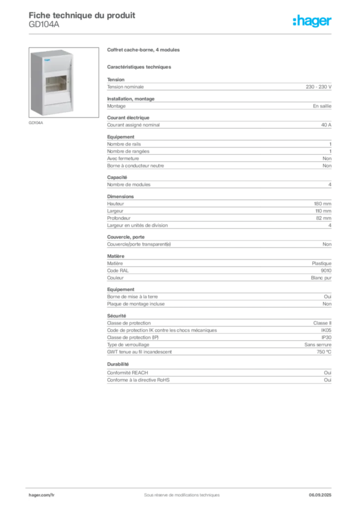 Image Hager Fiche technique du produit GD104A | Hager France