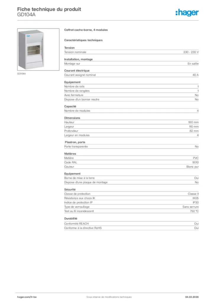 Image Hager Fiche technique du produit GD104A | Hager Belgique