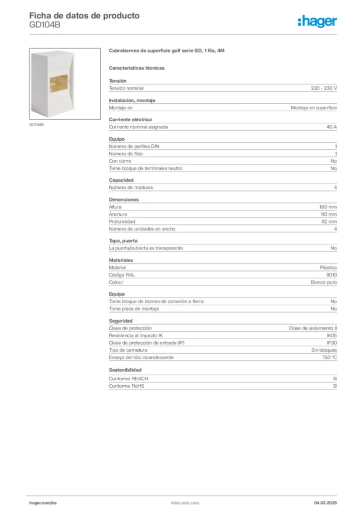 Imagen Hager Ficha de datos de producto GD104B | Hager España