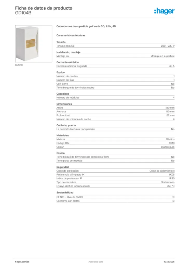 Imagen Hager Ficha de datos de producto GD104B | Hager España