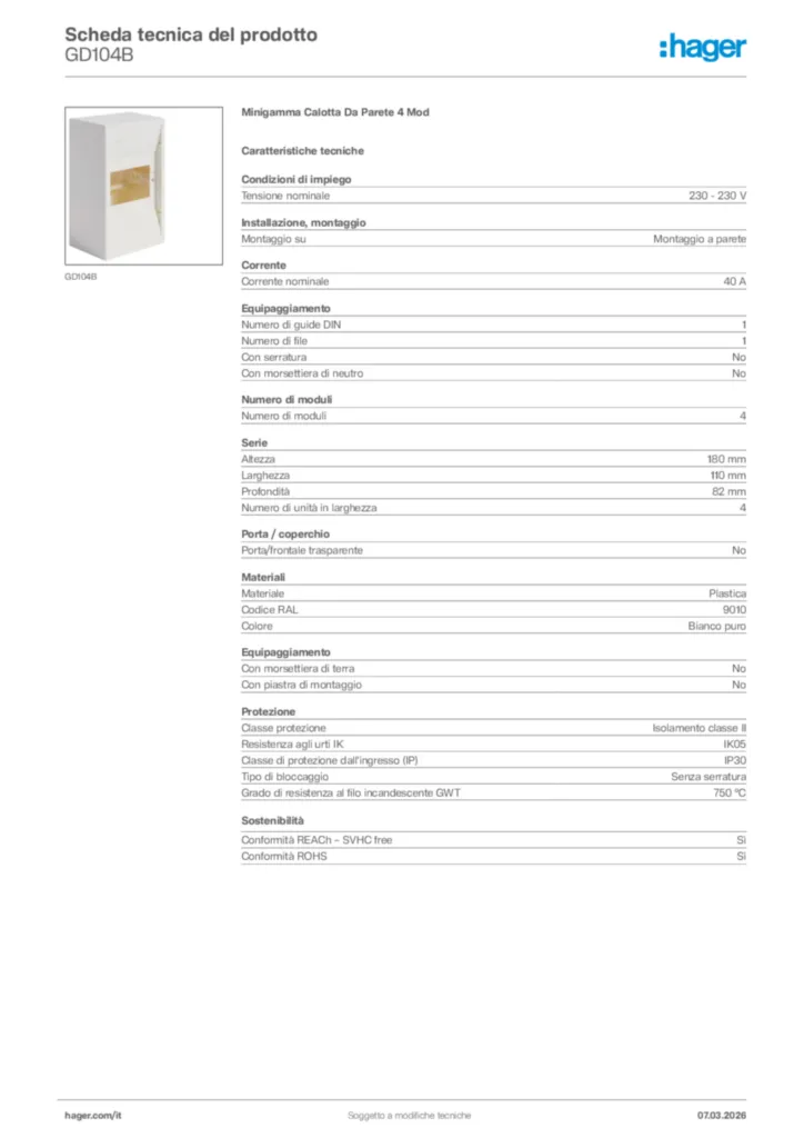 Immagine Hager Scheda tecnica del prodotto GD104B | Hager Italia