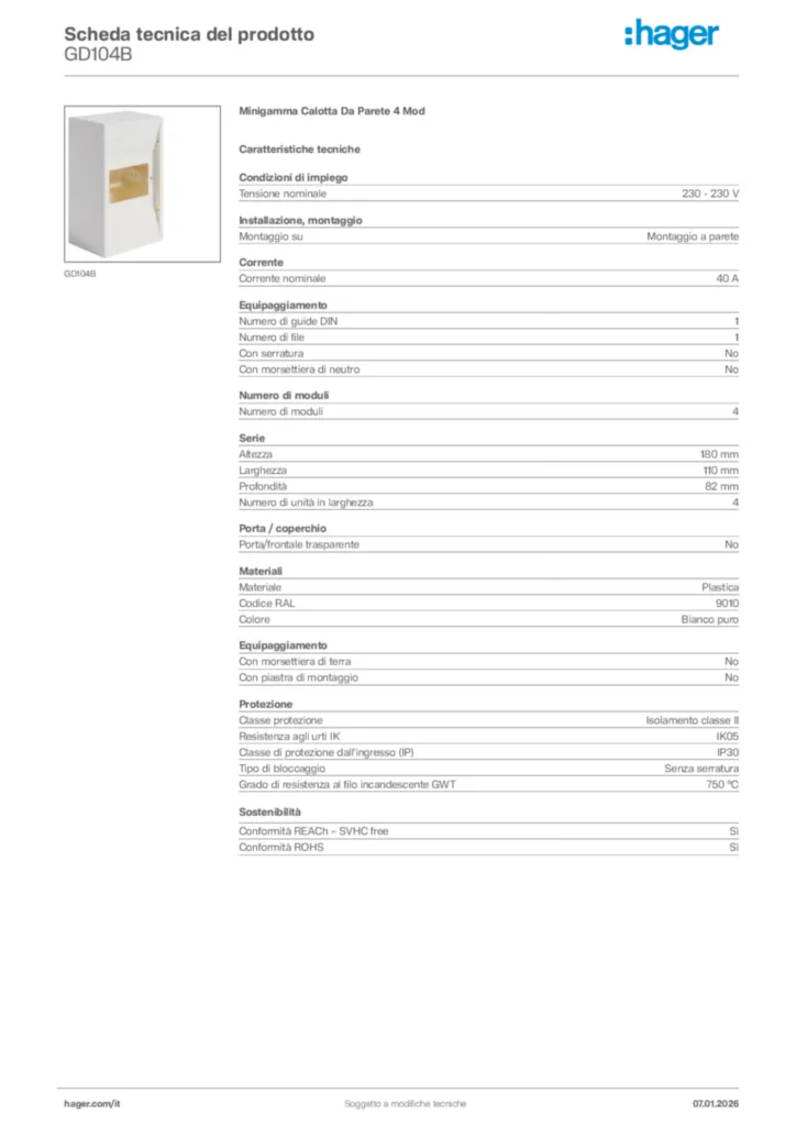 Immagine Hager Scheda tecnica del prodotto GD104B | Hager Italia