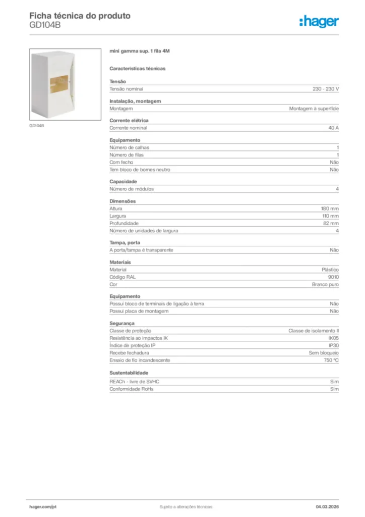 Imagem Hager Ficha técnica do produto GD104B | Hager Portugal