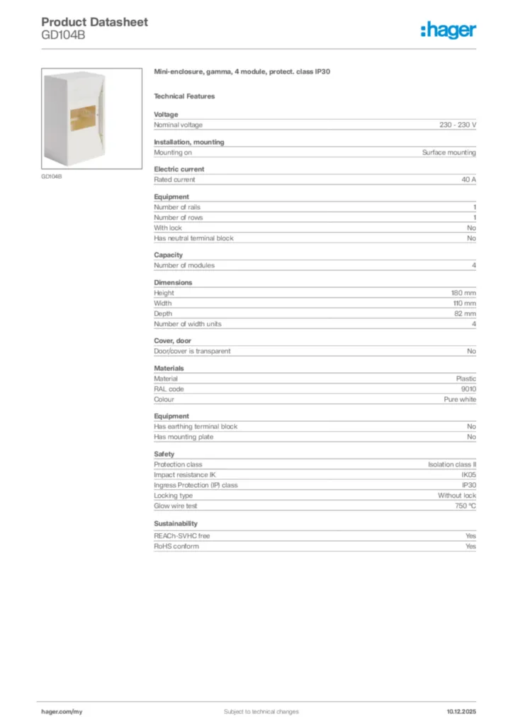 Image Hager Product data sheet GD104B  | Hager